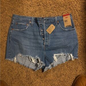 Levi's Distressed High-Rise Button-Fly Denim Shorts - Blue